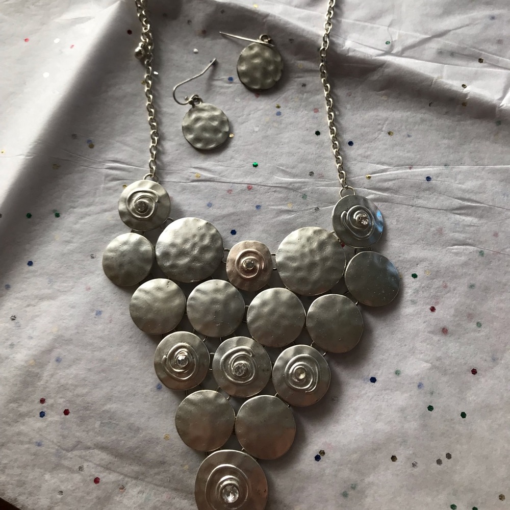 Flat silver with small rhinestone accents necklace/ matching earrings